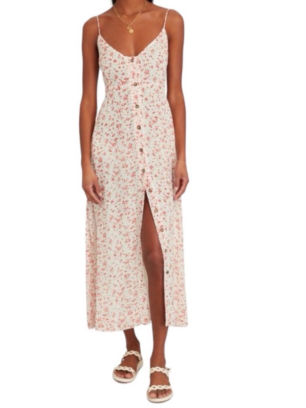 Ganni georgette button front floral print slip dress Sz 42 10 US Red White EUC